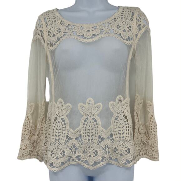 Express Crochet Micro Mesh Womens Top Sz XS Cream Festival Dainty Boho Cottage - Picture 1 of 11